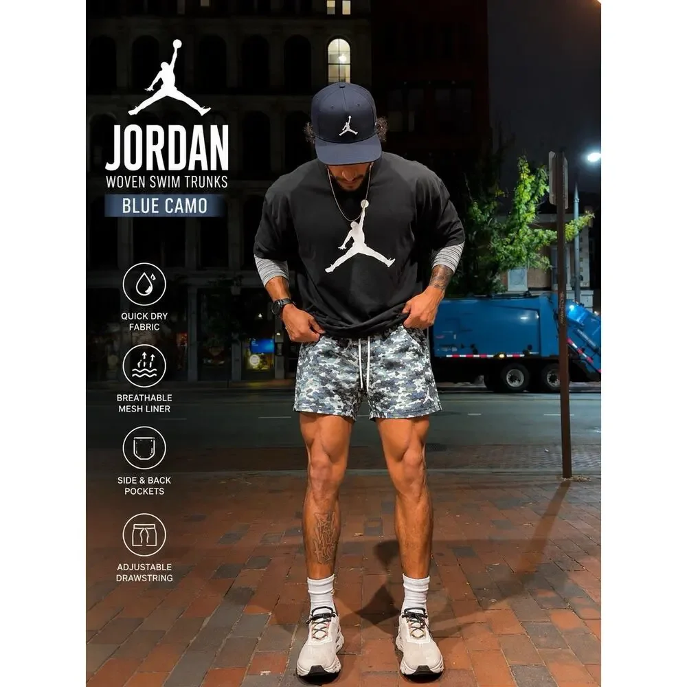 Jordan Swim Trunks Men’s Size L Blue Gray Camo Lined Drawstring Elastic Jumpman